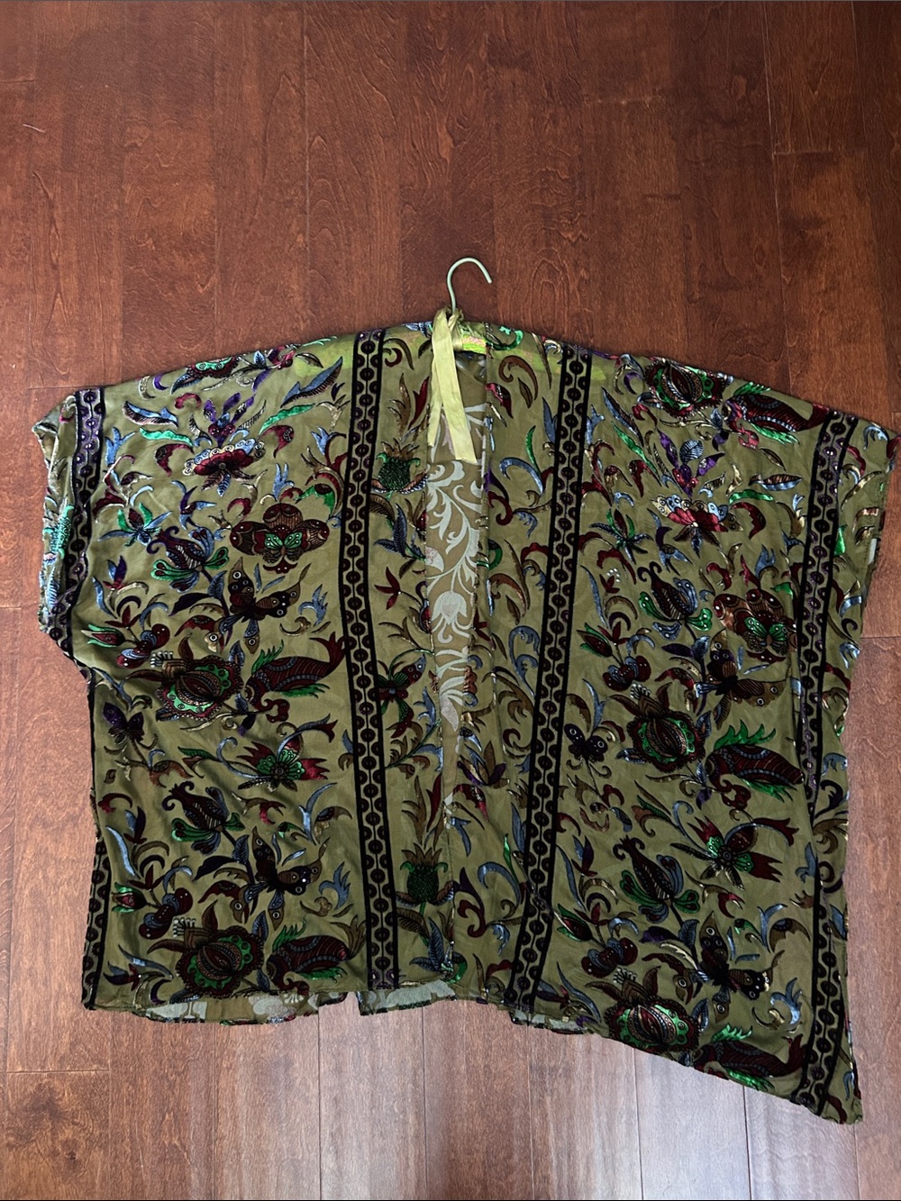 Angie Bohemian Festival Olive Velvet Burnout Floral Open Front Kimono, O/S